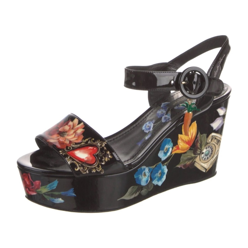 Dolce & Gabbana Patent Leather Floral Print Sandals Women's Size: 7 | IT 37